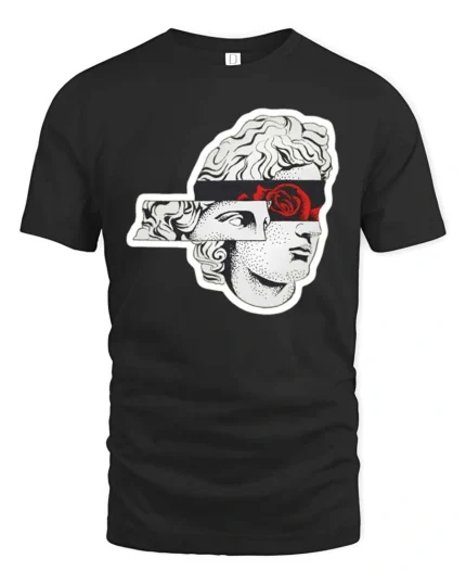 Artistic Sliced Statue Head Red Rose Graphic Tshirt - black t-shirt on white background