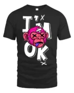 Gritty Pink Monkey Im Ok Broken Cartoon Graphic Tshirt - black t-shirt on white background