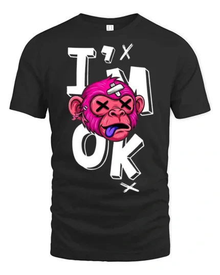 Gritty Pink Monkey Im Ok Broken Cartoon Graphic Tshirt - black t-shirt on white background
