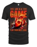 Thrilling Life Is A Game Flaming Dice Graphic Tshirt - black t-shirt on white background
