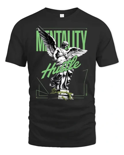 Motivated Angel Statue Mentality Hustle Graphic Tshirt - black t-shirt on white background