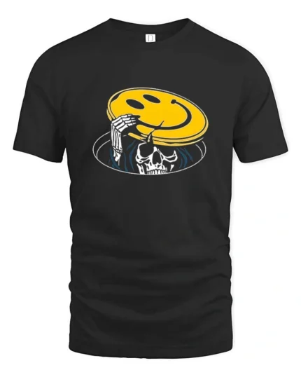 Skeleton Peeking From Manhole Smiley Face Mask Tshirt - black t-shirt on white background