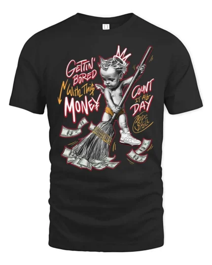 Wealthy Cherub Sweeping Cash Graffiti Style Tshirt - black t-shirt on white background