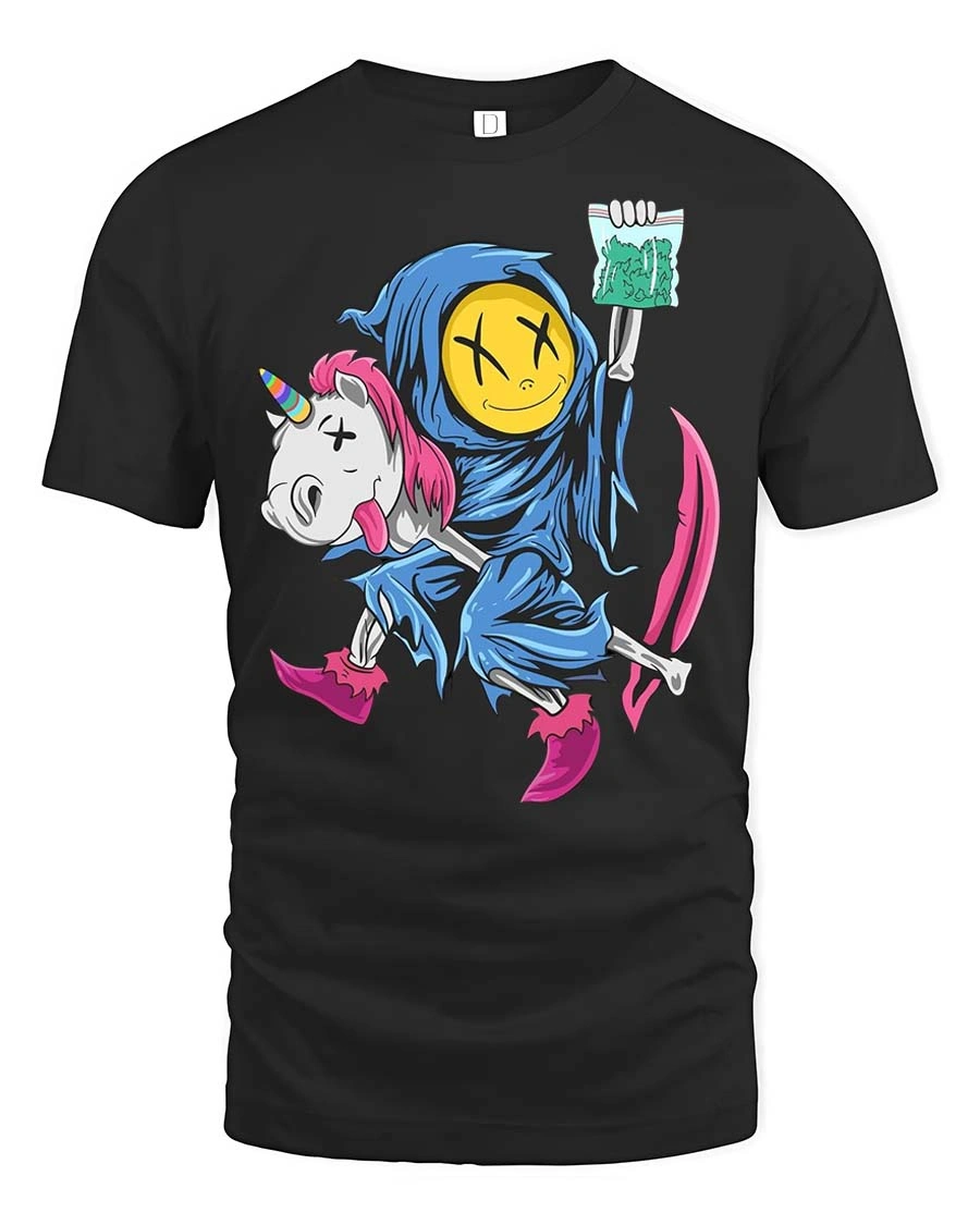 Chilling Reaper Riding Dead Unicorn Funny Weed Graphic Tee - 1 Chilling Reaper Riding Dead Unicorn Funny Weed Graphic Tee - black t-shirt on white background