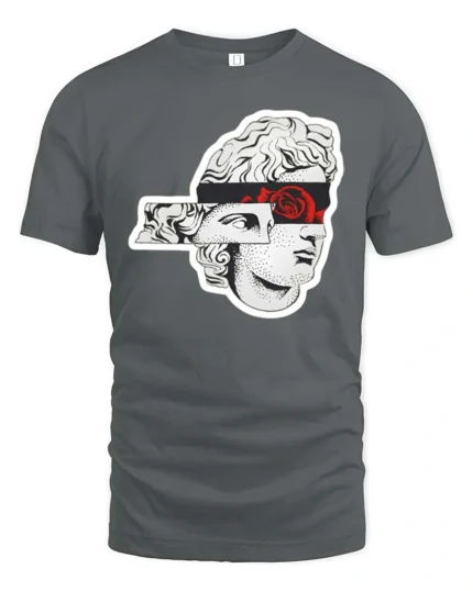 Artistic Sliced Statue Head Red Rose Graphic Tshirt - gray t-shirt on white background