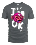 Gritty Pink Monkey Im Ok Broken Cartoon Graphic Tshirt - gray t-shirt on white background