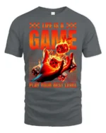 Thrilling Life Is A Game Flaming Dice Graphic Tshirt - gray t-shirt on white background