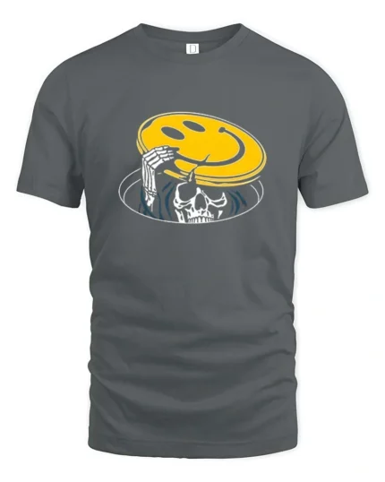 Skeleton Peeking From Manhole Smiley Face Mask Tshirt - gray t-shirt on white background