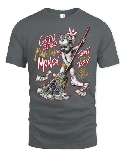Wealthy Cherub Sweeping Cash Graffiti Style Tshirt - gray t-shirt on white background