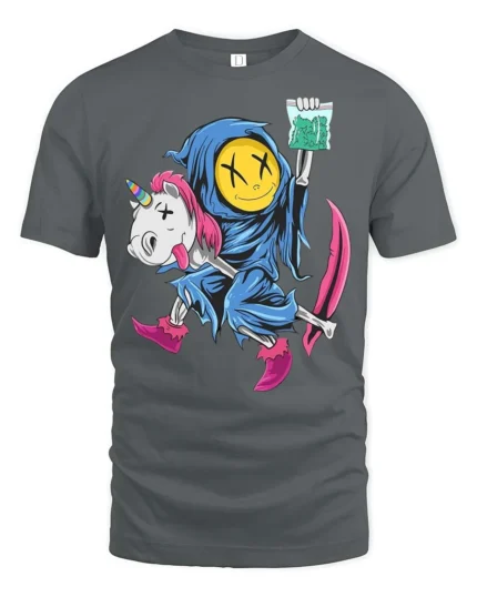 Chilling Reaper Riding Dead Unicorn Funny Weed Graphic Tee - gray t-shirt on white background