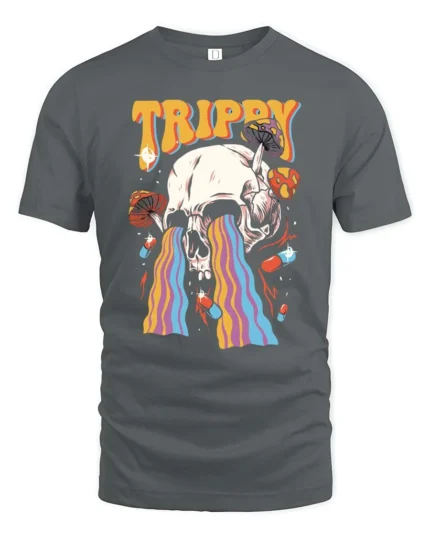 Psychedelic Skull Melting Rainbow Mushroom Graphic Tshirt - gray t-shirt on white background