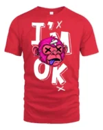 Gritty Pink Monkey Im Ok Broken Cartoon Graphic Tshirt - red t-shirt on white background