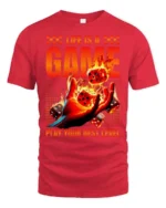 Thrilling Life Is A Game Flaming Dice Graphic Tshirt - red t-shirt on white background