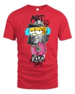 Intriguing Mixed Media Art Pink Sprinkle Donut Tshirt - red t-shirt on white background