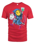 Chilling Reaper Riding Dead Unicorn Funny Weed Graphic Tee - red t-shirt on white background