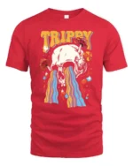 Psychedelic Skull Melting Rainbow Mushroom Graphic Tshirt - red t-shirt on white background