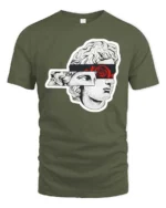 Artistic Sliced Statue Head Red Rose Graphic Tshirt - military green t-shirt on white background