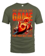 Thrilling Life Is A Game Flaming Dice Graphic Tshirt - military green t-shirt on white background