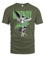 Motivated Angel Statue Mentality Hustle Graphic Tshirt - military green t-shirt on white background