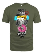 Intriguing Mixed Media Art Pink Sprinkle Donut Tshirt - military green t-shirt on white background