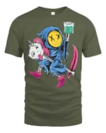 Chilling Reaper Riding Dead Unicorn Funny Weed Graphic Tee - military green t-shirt on white background