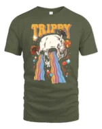 Psychedelic Skull Melting Rainbow Mushroom Graphic Tshirt - military green t-shirt on white background