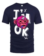 Gritty Pink Monkey Im Ok Broken Cartoon Graphic Tshirt - navy t-shirt on white background