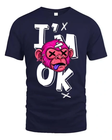 Gritty Pink Monkey Im Ok Broken Cartoon Graphic Tshirt - navy t-shirt on white background