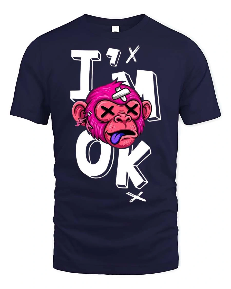 Gritty Pink Monkey Im Ok Broken Cartoon Graphic Tshirt - 1 Gritty Pink Monkey Im Ok Broken Cartoon Graphic Tshirt - navy t-shirt on white background