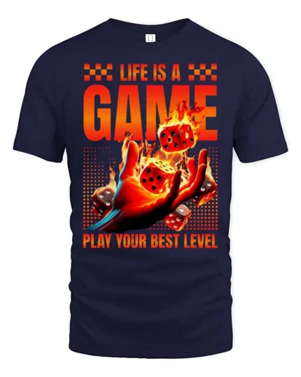 Thrilling Life Is A Game Flaming Dice Graphic Tshirt - navy t-shirt on white background