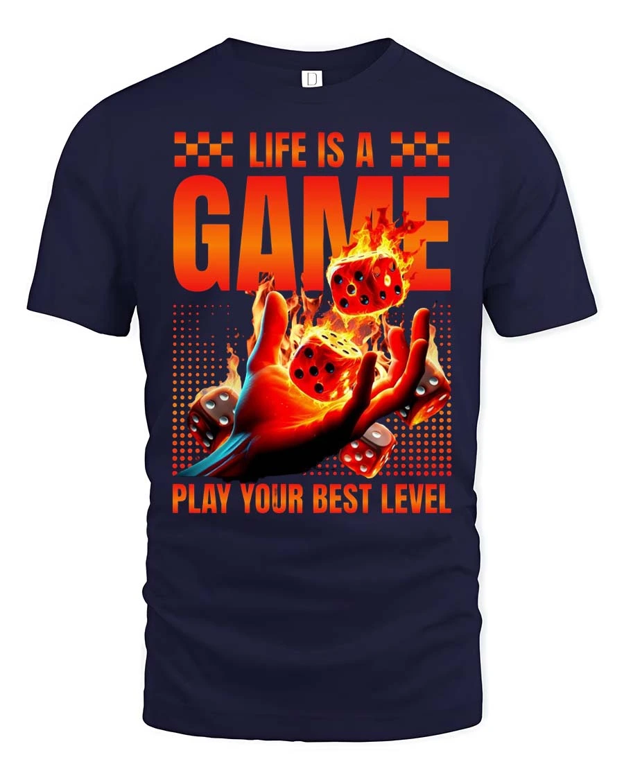 Thrilling Life Is A Game Flaming Dice Graphic Tshirt - 1 Thrilling Life Is A Game Flaming Dice Graphic Tshirt - navy t-shirt on white background