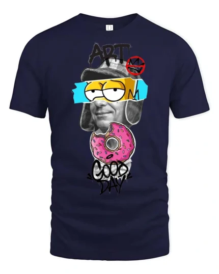 Intriguing Mixed Media Art Pink Sprinkle Donut Tshirt - navy t-shirt on white background