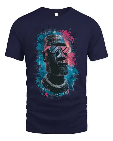 Awesome Moai Easter Island Statue Sunglasses Graphic Tee - navy t-shirt on white background