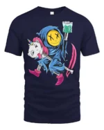 Chilling Reaper Riding Dead Unicorn Funny Weed Graphic Tee - navy t-shirt on white background