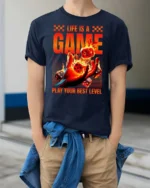 Thrilling Life Is A Game Flaming Dice Graphic Tshirt - model wearing navy tee with hands in pockets