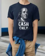 Serious Benjamin Franklin Cash Only Historical Graphic Tee - model wearing navy tee with hands in pockets