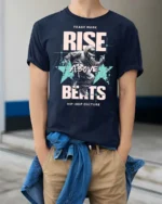 Energetic Breakdancer Rise Above Beats Hip Hop Tshirt - model wearing navy tee with hands in pockets