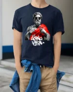 Trendy Greek Zeus Going Viral Sunglasses Graphic Tshirt - model wearing navy tee with hands in pockets