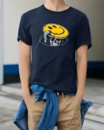 Skeleton Peeking From Manhole Smiley Face Mask Tshirt - model wearing navy tee with hands in pockets