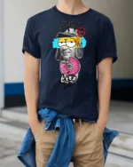 Intriguing Mixed Media Art Pink Sprinkle Donut Tshirt - model wearing navy tee with hands in pockets