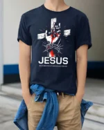 Devoted Cross And Thorns Wrapped Hand Religious Tshirt - model wearing navy tee with hands in pockets