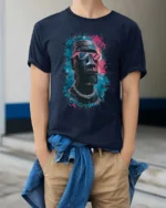 Awesome Moai Easter Island Statue Sunglasses Graphic Tee - model wearing navy tee with hands in pockets