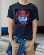 Groovy Stoners Smiley Face Bucket Hat Styli Graphic Tee - model wearing navy tee with hands in pockets