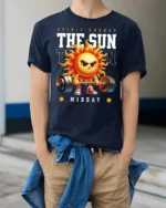 Spirited Midday Sun Weightlifting Spirit Energy Tshirt - model wearing navy tee with hands in pockets