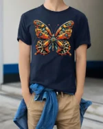 Clockwork Mechanical Butterfly Steampunk Graphic Tshirt - model wearing navy tee with hands in pockets
