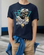 Splendid Greek Statue Saint Vandals Streetwear Graphic Tee - model wearing navy tee with hands in pockets