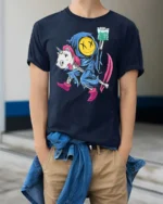 Chilling Reaper Riding Dead Unicorn Funny Weed Graphic Tee - model wearing navy tee with hands in pockets