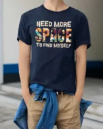 Refreshing Need More Space To Find Myself Graphic Tshirt - model wearing navy tee with hands in pockets