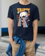 Psychedelic Skull Melting Rainbow Mushroom Graphic Tshirt - model wearing navy tee with hands in pockets