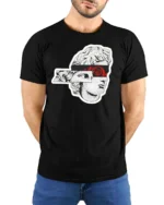 Artistic Sliced Statue Head Red Rose Graphic Tshirt - model wearing black tee with hands behind back